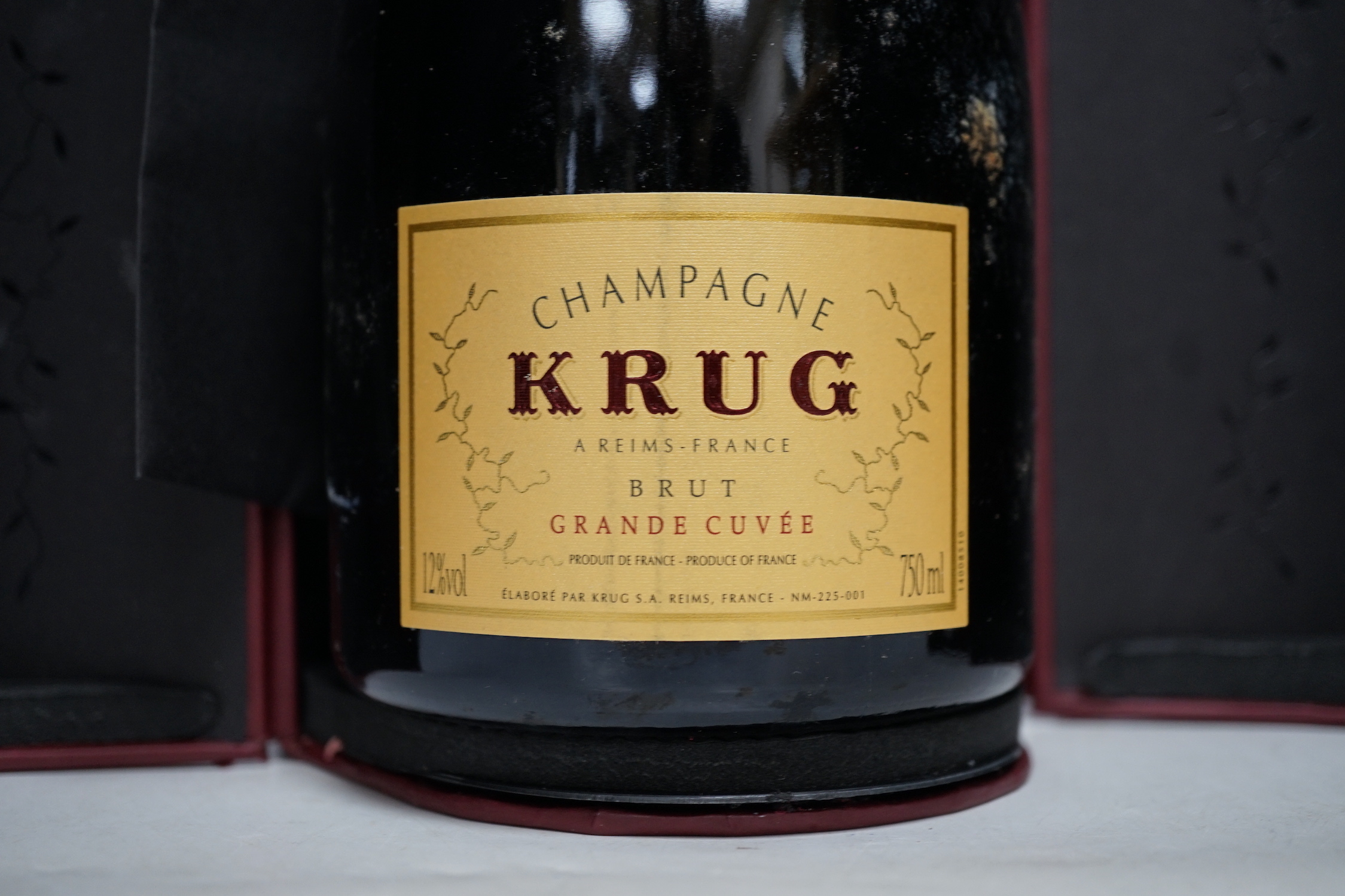 A boxed bottle of Krug Grande Cuvee Champagne